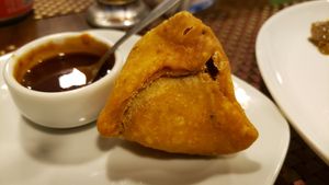 Samosa (R$5). Tasty but small. at Tempero Indiano in Sao Paulo