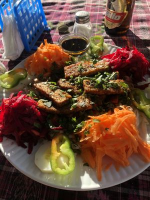 Salad with tandoori tempeh   at The Fifth Dimension in San Pedro La Laguna