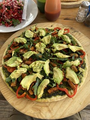 Vegan Pizza with Pesto, Tempeh and Avocado   at The Fifth Dimension in San Pedro La Laguna