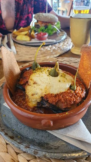 Musaka und Black beans Burger at Esfigueral in Ibiza