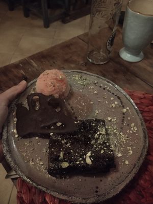 Chocolate Brownie 🍫 with Raspberry Sorbet 🍧 at Esfigueral in Ibiza