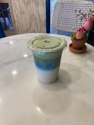 Cinnamon Matcha Lavendar Oatmilk Latte  at Long Story Short Cafe in Boca Raton