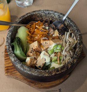 Vegan kimchibowl with tofu, vegetables and rice and kimchi at Kimchibowl  in Malaga
