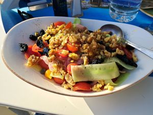Greek salad, without feta, added walnuts  at Apagio Taverna in Poros