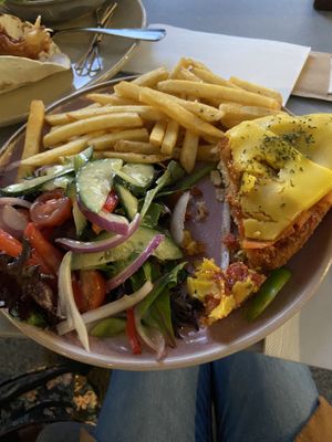 Vegan schnitzel with carrot bacon & vegan cheez. The carrot bacon was really good & comes on the burgers too (forgot to take a picture of the burger)   at Moku Bar + Grill in Cairns