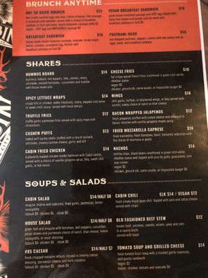 Menu at The Cabin in Park City