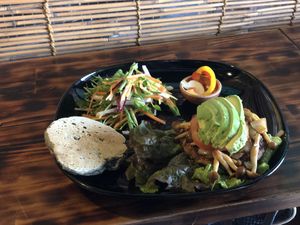 Teriyaki veg burger on a hemp pancake at Magokoro in Kamakura