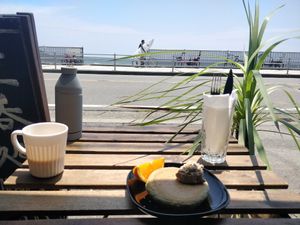 Vegan hemp pancake with a beach view and breeze at Magokoro in Kamakura