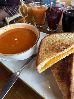 Tomato soup with vegan grilled cheesee  at Good Morning in Las Vegas