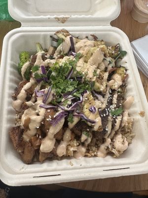 Hibachi plate with impossible beef and chick’n  at Hippie Hibachi in Atlanta