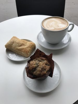 Large latte, spinach-tofu pastry and GF muffin for 16 CAD  at Whitebark Cafe in Banff