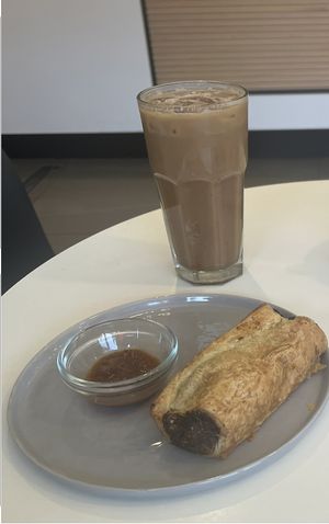 Iced mocha with quinoa mushroom roll and tomato chutney   at Whitebark Cafe in Banff