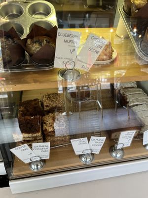 Case with some baked goods (clearly labelled vegan items)   at Whitebark Cafe in Banff