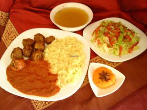 Dahl soup + mixed salad + kofte malai with sauce and mashed potatoes + gajer halva at Prasadam in Zagreb