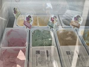 Plant based vanilla, strawberry, mint chocolate and salted caramel    at Lulworth Estate Ice Cream Parlour in Wareham