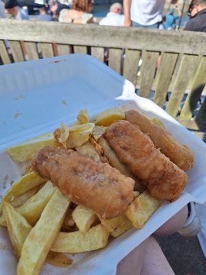 Battered sausages and chips at Neptune Fish Restaurant in Seahouses