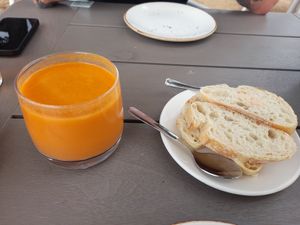 Gazpacho with bread(have to be ordered extra) at Restaurant la Torre in Palafrugell