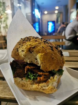 Pastrami burger with loads of spicy soy stripes at Krowarzywa - Chmielna in Warsaw