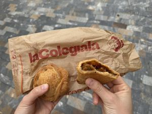Filled with pine nuts, peas, onion,... (left) and tomato/vegetables (right)  at La Colegiala in Cartagena