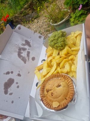 (ignore the halved pies, my mam and I were trying each others! ) at Milton Fish and Chips in Tenby