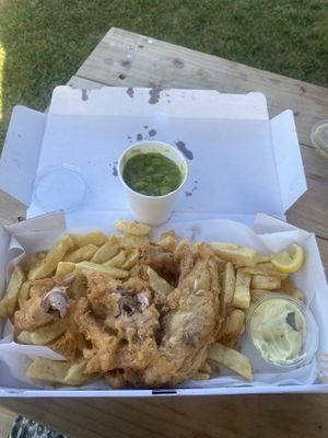‘No Fish’ & Chips, Tartare Sauce & Mushy Peas   at Milton Fish and Chips in Tenby