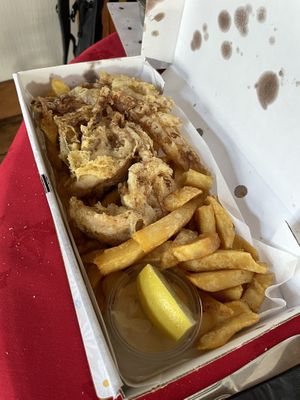 Banana blossom Fish & chips & tartar sauce  at Milton Fish and Chips in Tenby