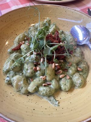 Homemade gnocchi with vegan pesto, sun dried tomatoes and pine nuts   at Stég Pub Pizzéria in Tihany