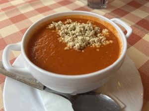 Tomato soup and smoked tofu  at Stég Pub Pizzéria in Tihany