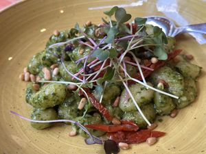 Vegan pesto gnocchi  at Stég Pub Pizzéria in Tihany