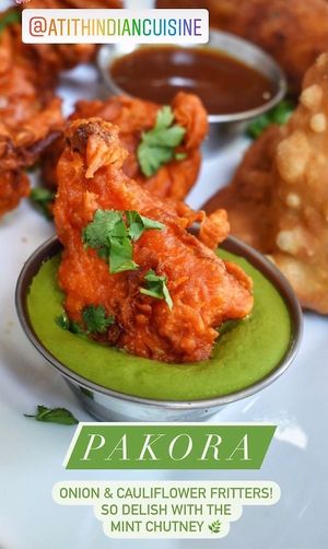Atithi Indian, Pakora onion and califlower fritters with mint chutney at Atithi in Brooklyn