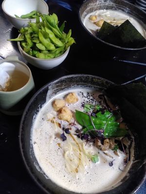 Mushroom ramen and edamame at Mochi Ramen Bar in Vienna