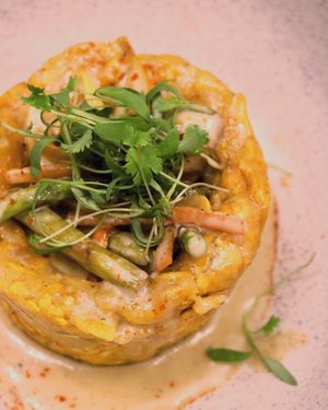 Veggie stuffed mofongo in garlic sauce, make it VEGAN with our salsa Criolla at Atabey Condado in San Juan