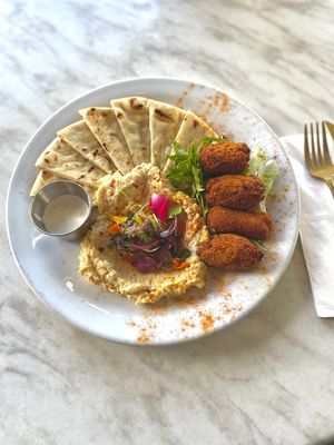house made hummus, mayo, and croquettes of Vegan Sampler at Atabey Condado in San Juan