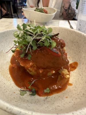 Classic mofongo with black bean burger and criole sauce (all automatically vegan)  at Atabey Condado in San Juan