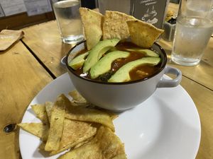 Vegetable soup with tortilla chips   at Cafe la Semilla in Bijagua
