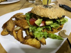 Vegan chickpea burger  at Cafe la Semilla in Bijagua