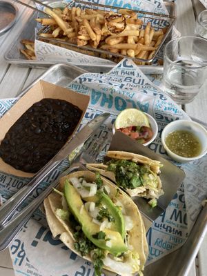 Avocado tacos, black beans, and lemon kai fries  at Kai in Kailua Kona