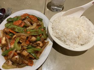 Cashew nuts w huge side of extra rice at Benja Thai and Sushi in St George