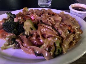 Vegan rice noodles with crispy tofu  at Benja Thai and Sushi in St George