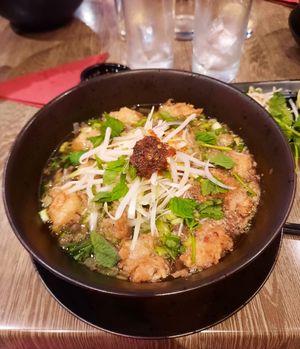 Vegan chicken pho with chili oil at Vnam in Manchester