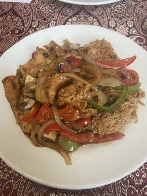 Tofu in green pepper and black bean sauce with vermicelli noodles   at Big Bowl Noodle Bar in Liverpool