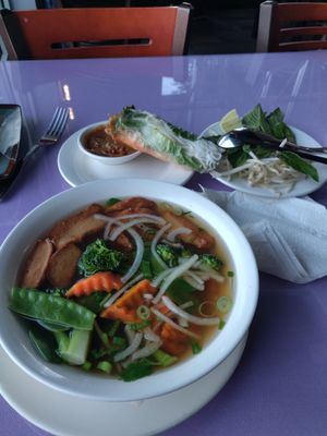 Tofu spring roll and vegan chicken pho at Pho Vina in Burien
