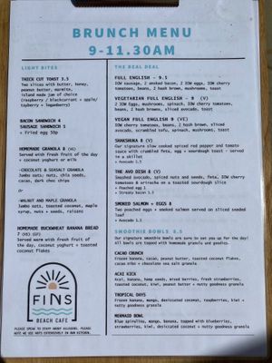 Breakfast/brunch menu  at Fins Beach Cafe in Sandown
