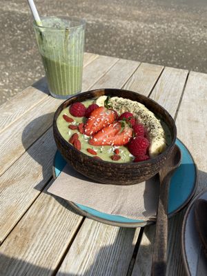 Matcha bowl   at Fins Beach Cafe in Sandown