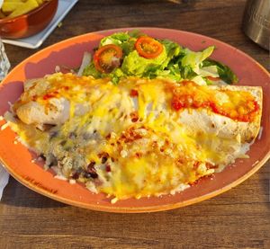 Burrito with vegan mince, beans, rice, guacamole & salad at De Duinerij in Bergen Aan Zee