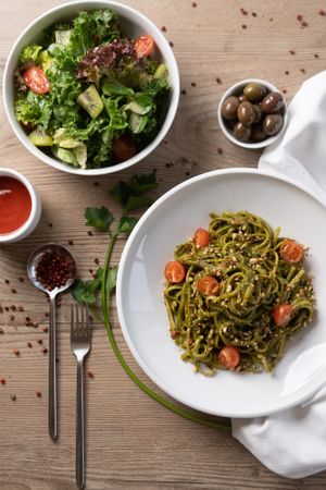 Green salad with pesto pasta ! at 5SENSES Restaurant in Santorini