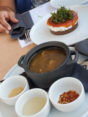 Greek Patsas Soup and Cheese on the Rocks appetizers at 5SENSES Restaurant in Santorini