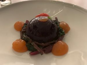 Beet-root terrine with grapefruit puree at 5SENSES Restaurant in Santorini