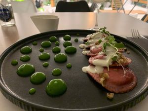 Ravioli with vegan (or real feta) drizzle and pear gel at 5SENSES Restaurant in Santorini