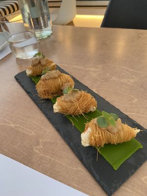 Vegan shrimp curls in phyllo pastry 10/10 at 5SENSES Restaurant in Santorini